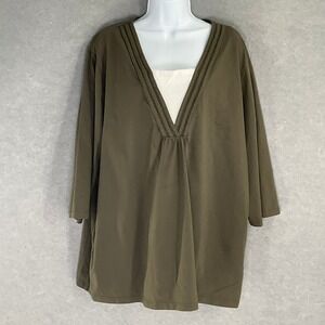 Liz & Me Catherines Top Womens Sz 3X Olive Green V Neck Flowy Stretch Casual